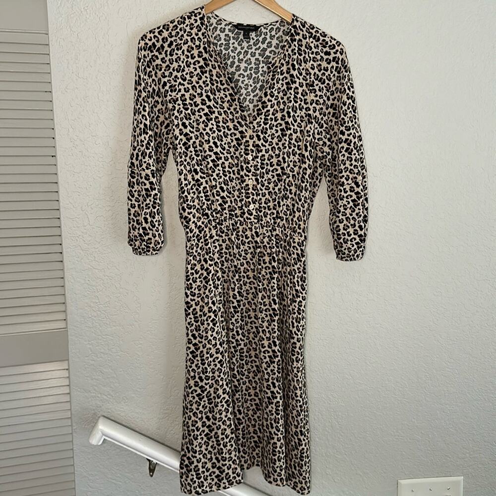 Banana Republic Animal Print Cheetah Shirt Dress Rayon Midi Pockets Brown Fall